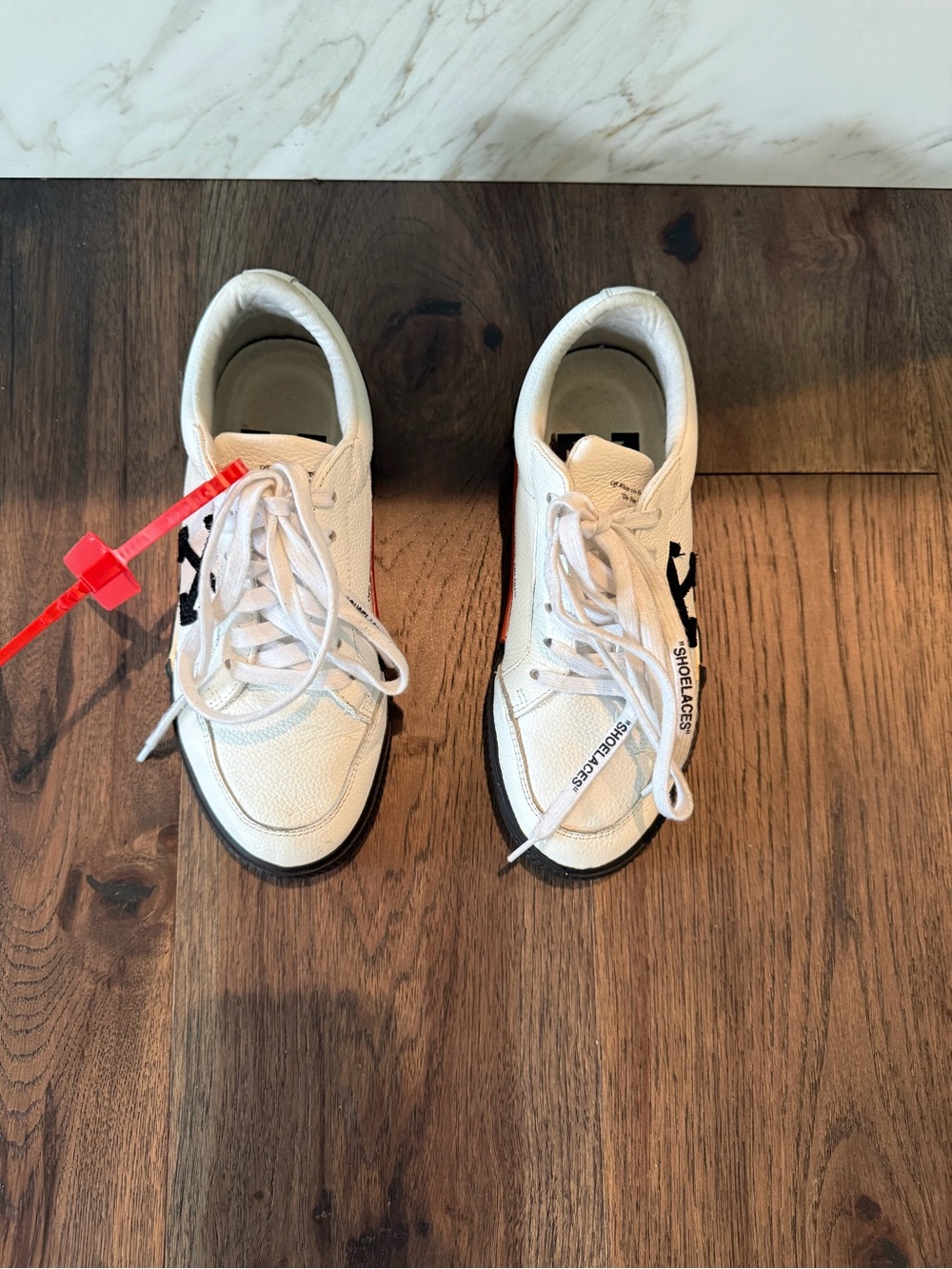 Off-White White Low-Top Sneakers with Black Arrows and Red Zip Tie